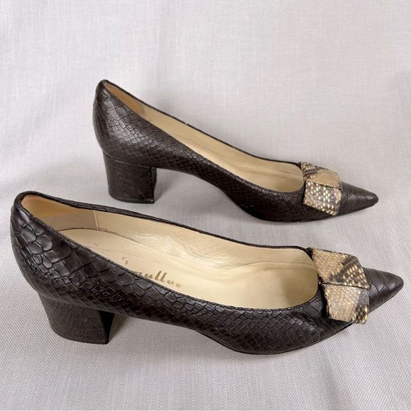 BETTYE MULLER LADIES HEELS SHOES 40 BROWN PYTHON LEATHER TEXTURED BOW POINTY - Picture 2 of 16